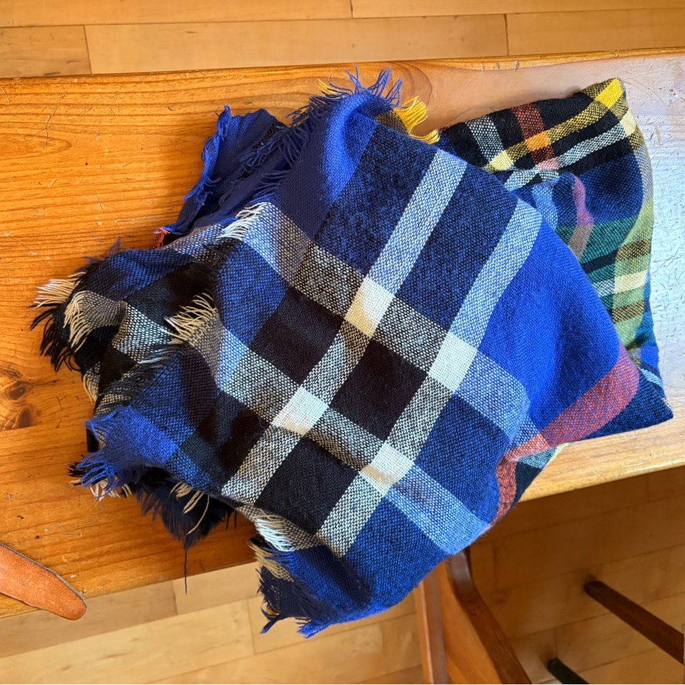 Plaid Fringed Scarf in Blue and Black